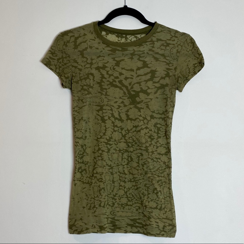 Olive Green Paisley Pattern Sheer T-Shirt - Small